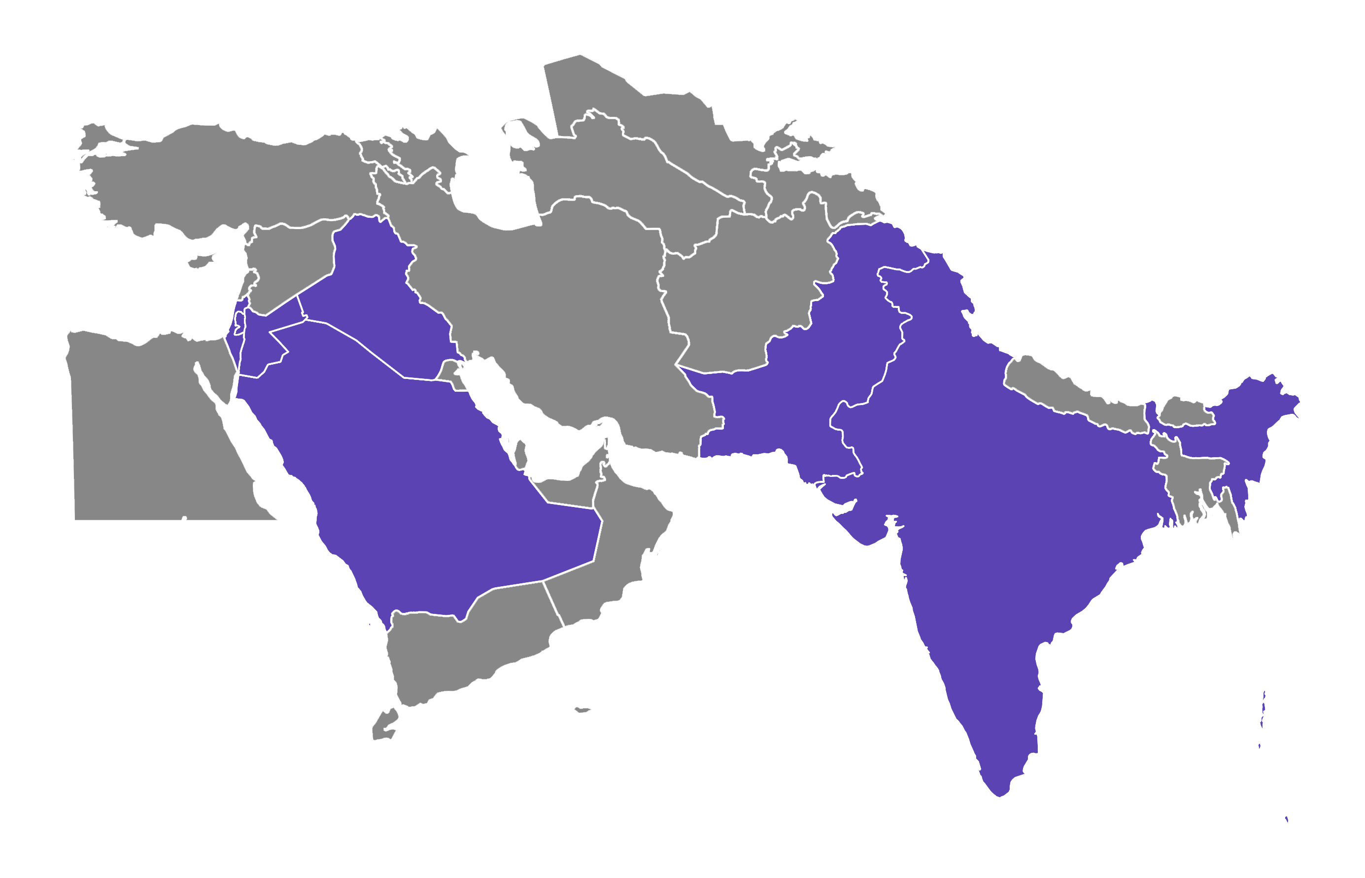 middle-east-map-3 Kaart van het Midden-Oosten met de landen waar wij reizen voor aanbieden: Saudi-Arabie, Israel, Jordanie, Iran, Irak, Pakistan, en India.